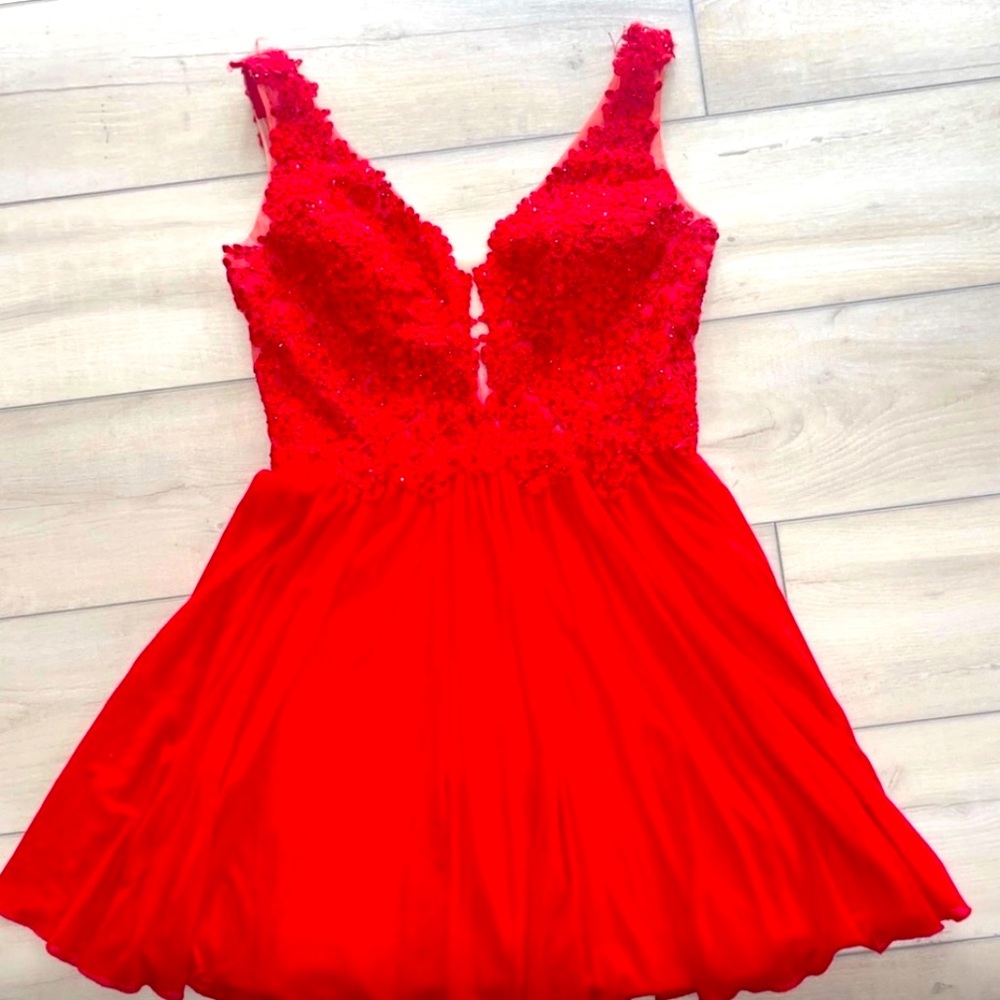 Sherri Hill Dress 12 rhinestoned Red Cocktail Beaded Lace Tank 50756 Prom Formal